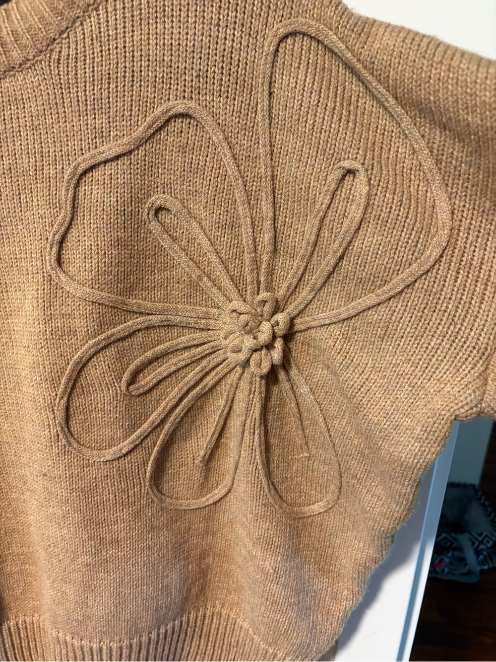 Alice Blue Camel Flower-Appliqué Crewneck Sweater - Picture 2 of 8